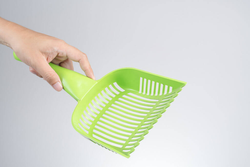 Hand holding cat or pet plastic litter tray scoop or waste scooper,shovel for poop