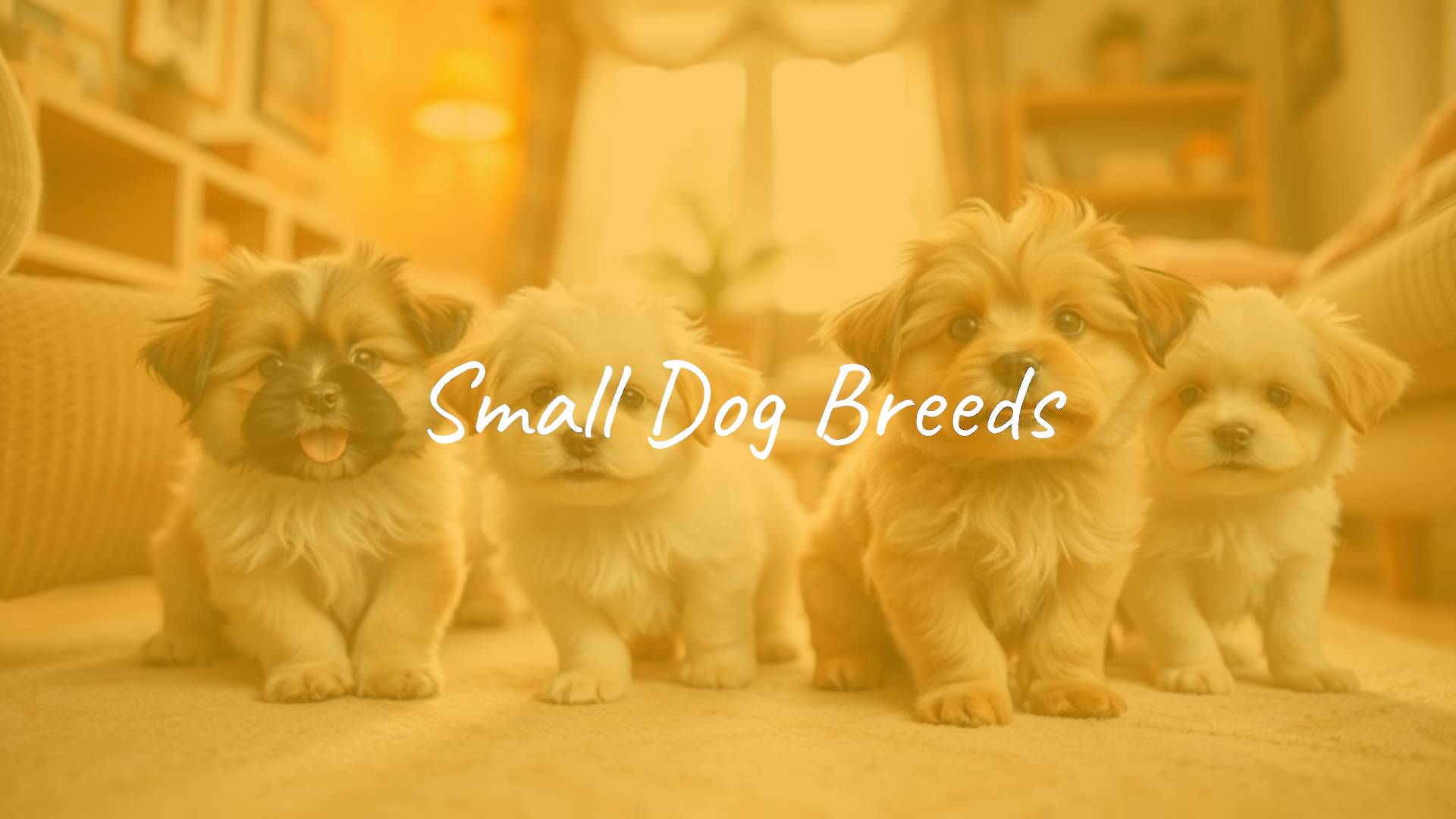 Cute small dog breeds, fluffy and playful, sitting in a cozy home environment, bright and cheerful atmosphere, realistic.