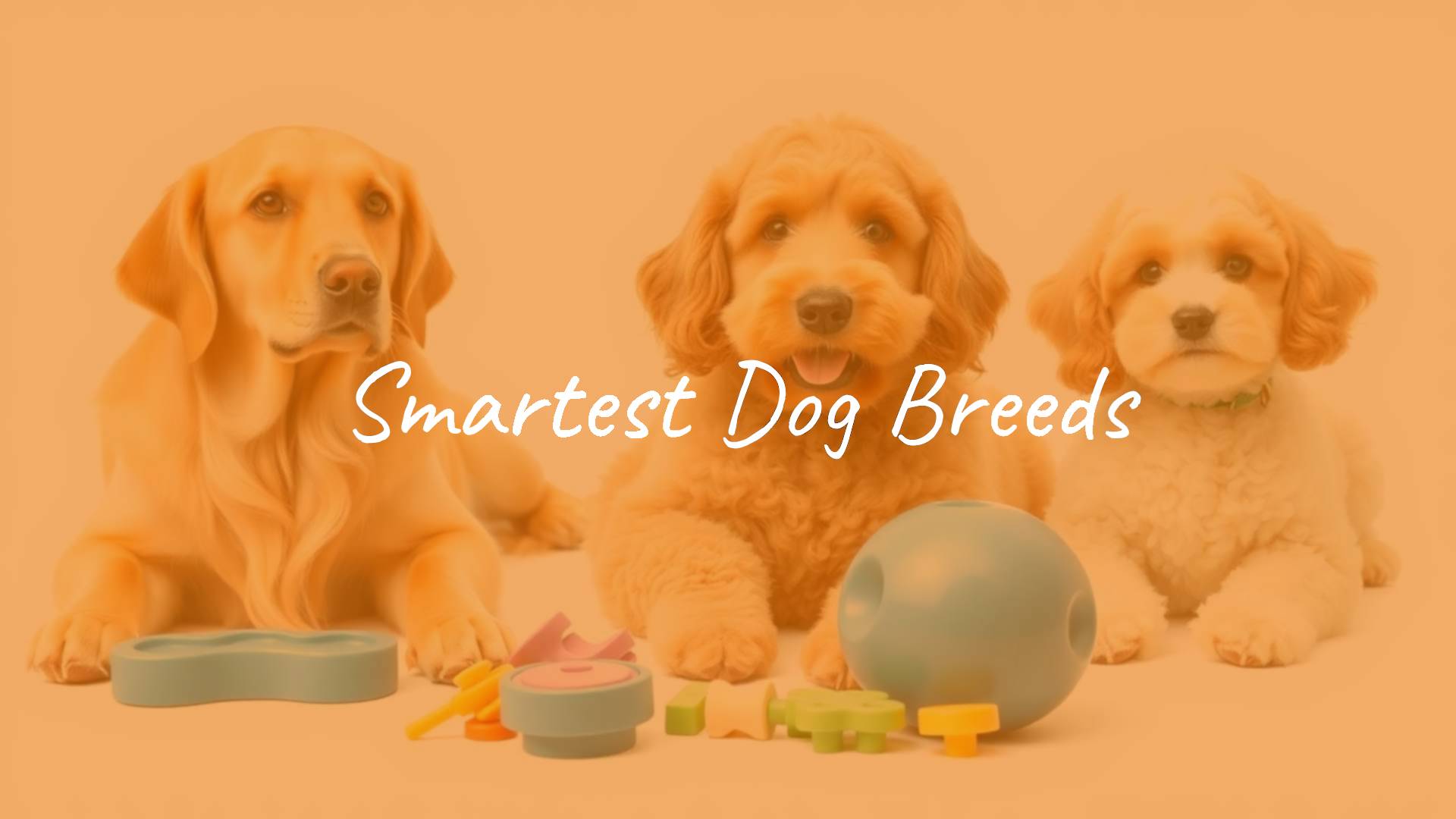 Smart and alert dog breeds, golden retriever, border collie, and poodle, intelligent expression, playing with puzzle toys, bright and clean background, realistic.