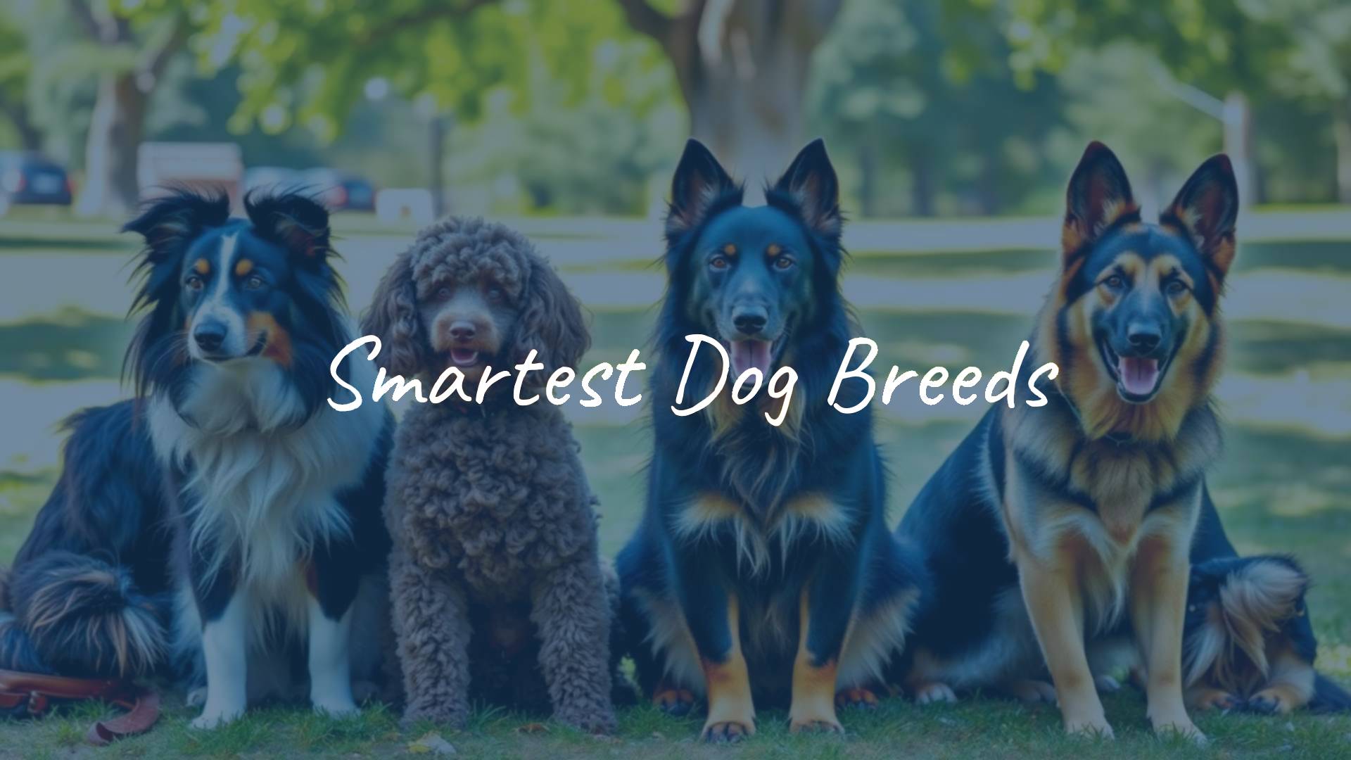 Group of the smartest dog breeds including Border Collies, Poodles, and German Shepherds, sitting attentively in a sunny park, realistic.