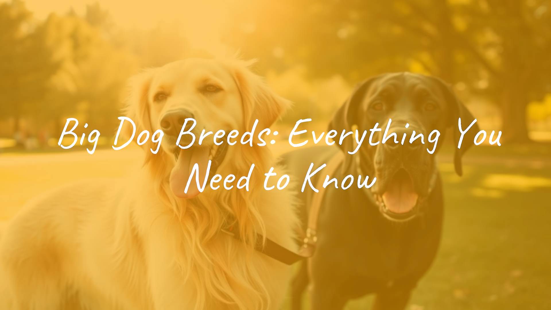Large friendly dog breeds, gentle giants, golden retriever and great dane playing together in a sunny park, realistic.