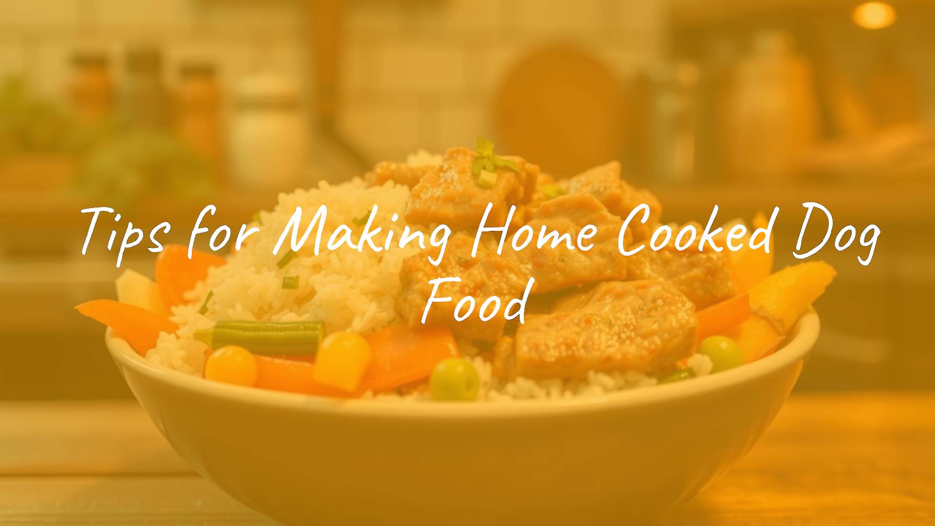 A bowl of homemade dog food with meat, rice, and vegetables, fresh and healthy, rustic kitchen background, warm lighting, realistic.