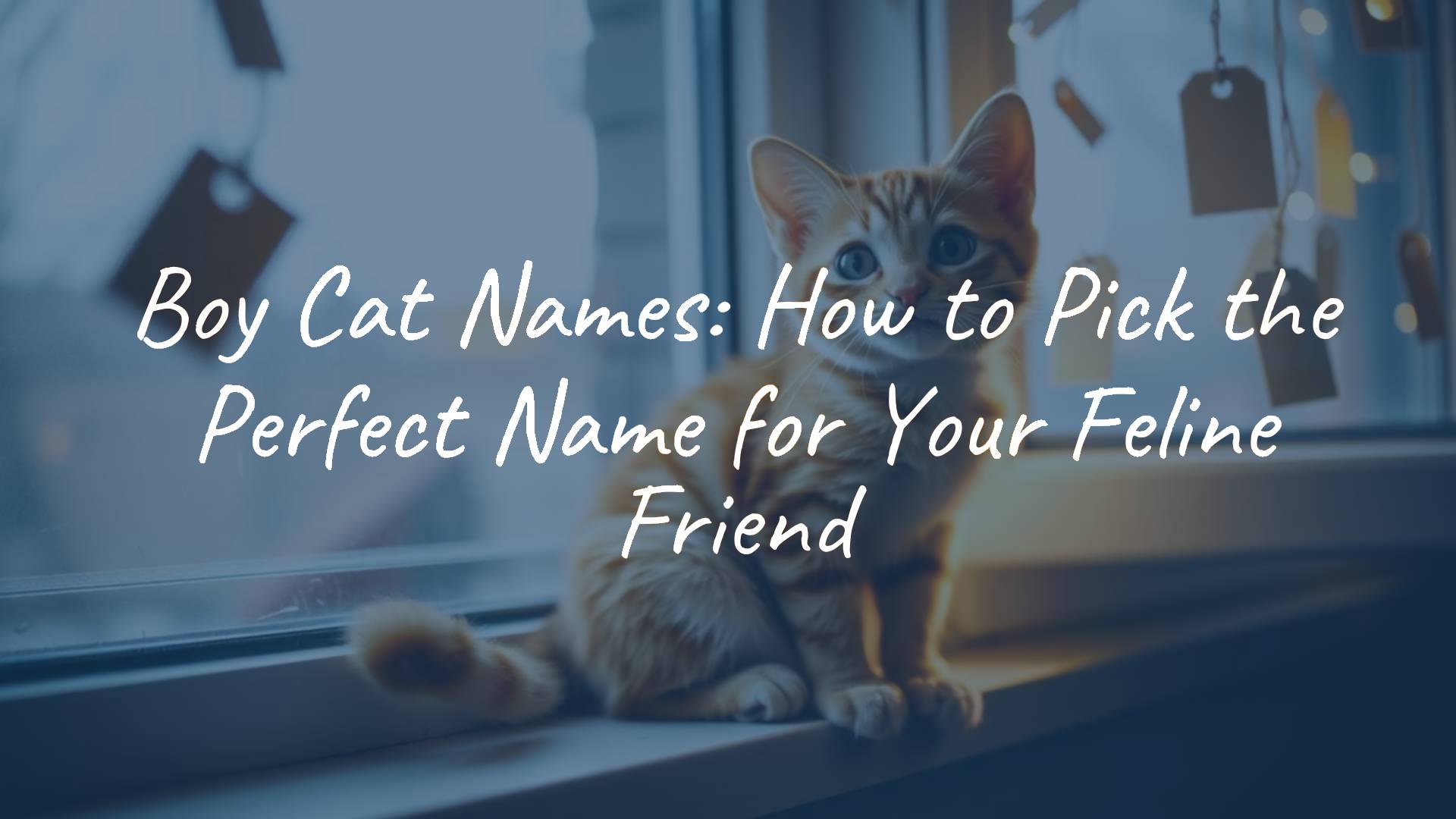 A playful orange tabby cat sitting on a windowsill, looking curious, surrounded by floating name tags with different cat names, warm and inviting lighting, realistic.
