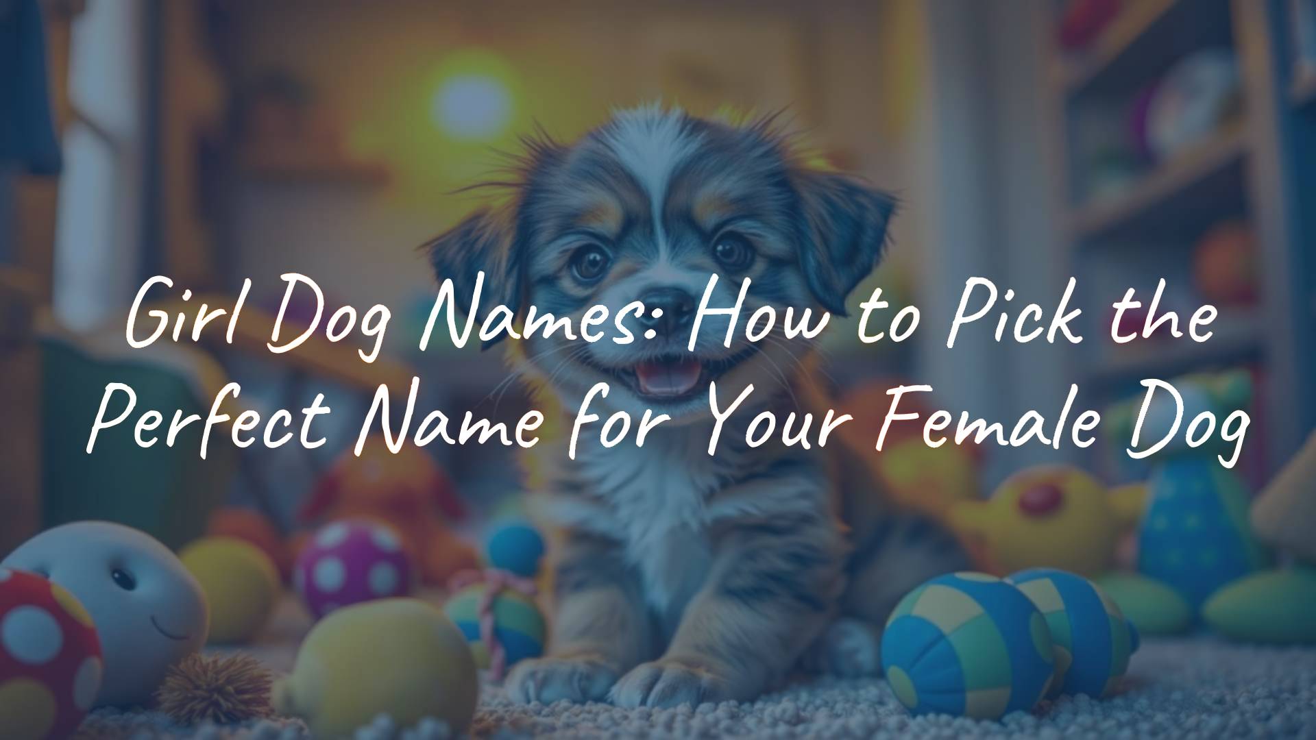 A cute female puppy with a happy expression, sitting in a cozy home setting, surrounded by colorful name tags and toys, warm and inviting lighting, realistic style.