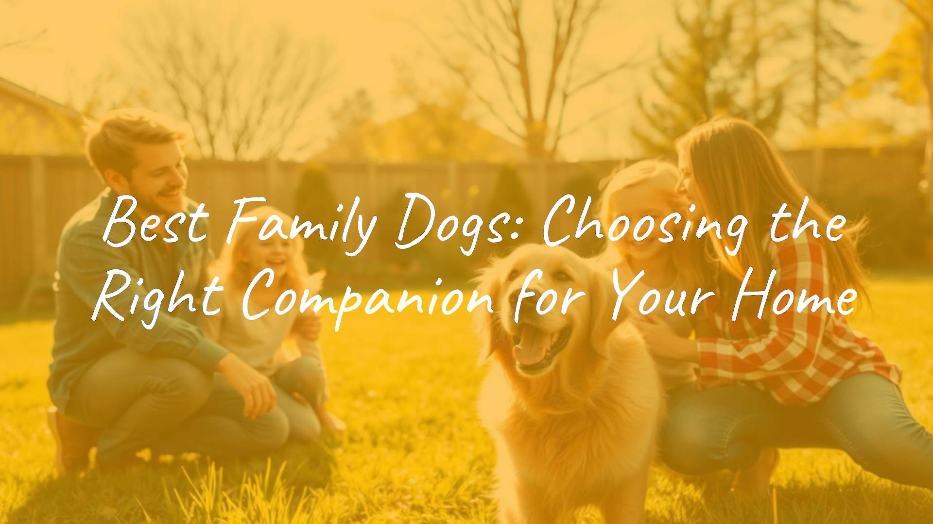 A happy family playing with a golden retriever in a sunny backyard, warm and friendly atmosphere, realistic.