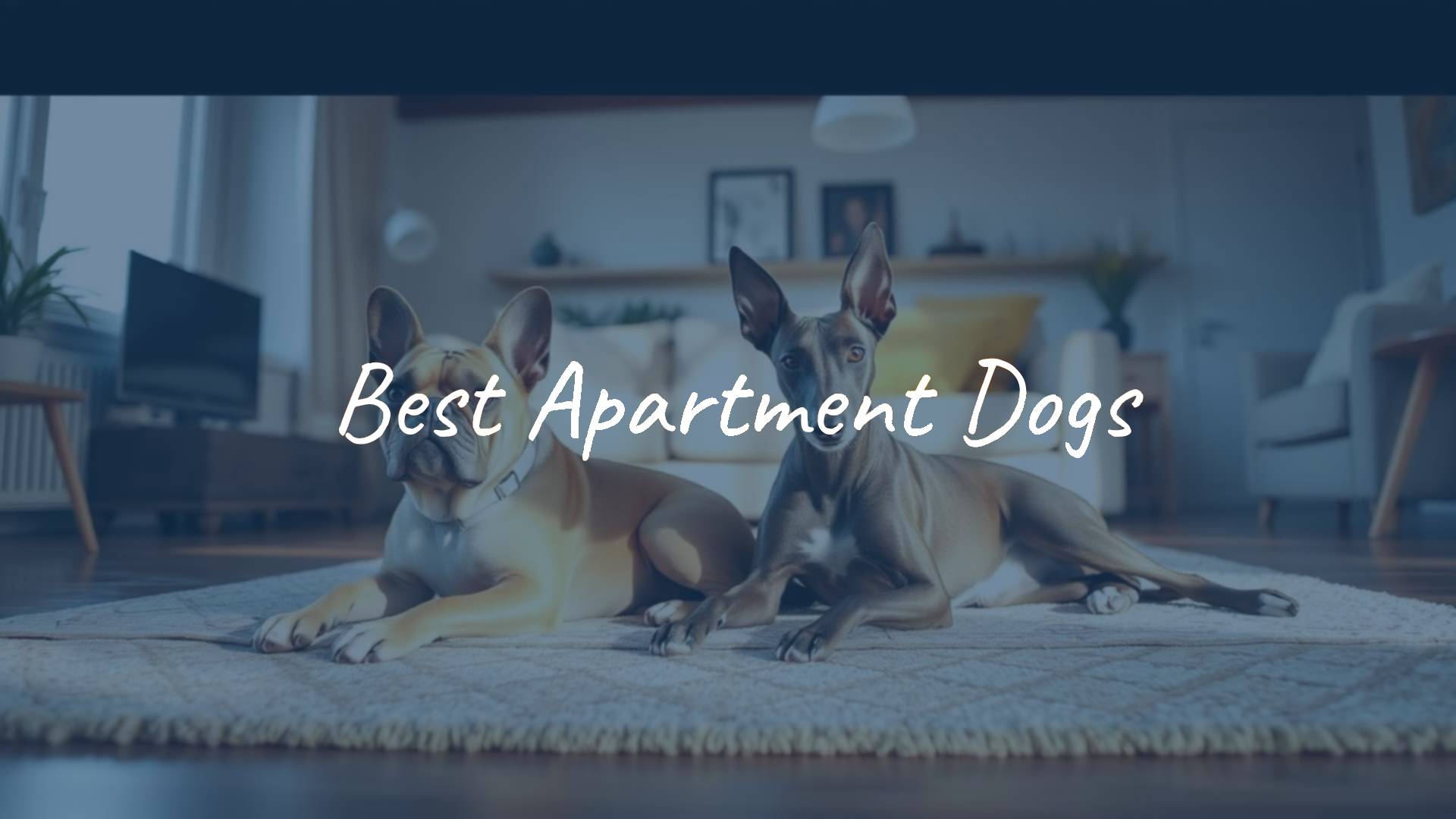 A cozy apartment scene with a happy French Bulldog and a calm Greyhound lounging on a rug, natural lighting, warm and inviting atmosphere, realistic.