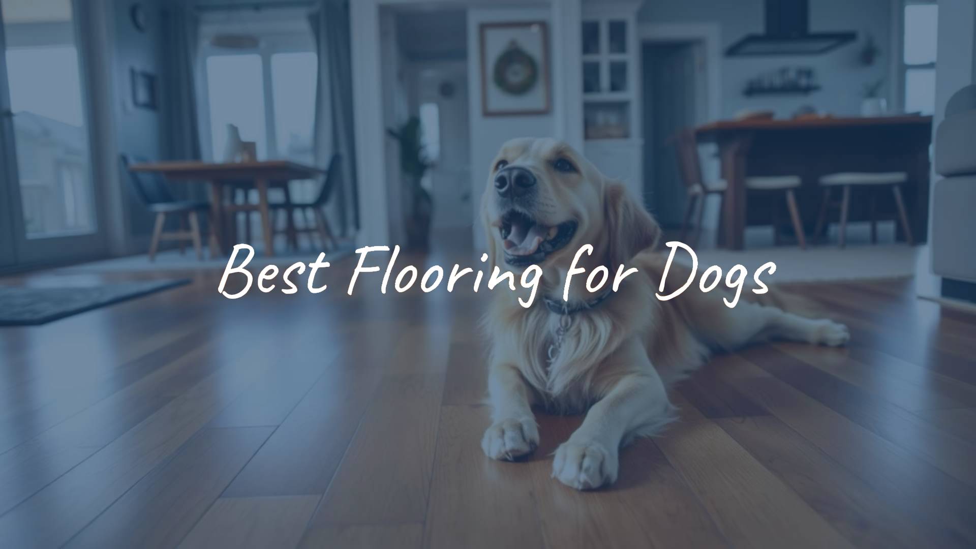 Durable wooden flooring with a playful golden retriever standing on it, scratch-resistant surface, well-lit modern home interior, realistic.