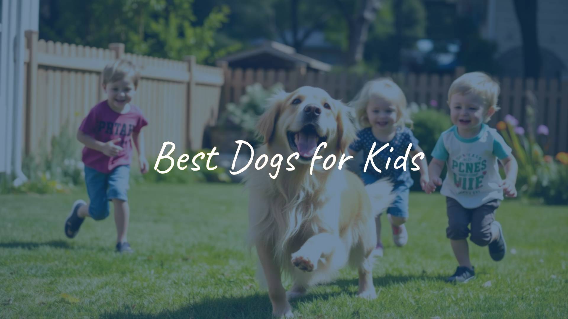A happy golden retriever playing with children in a sunny backyard, joyful and playful atmosphere, realistic.