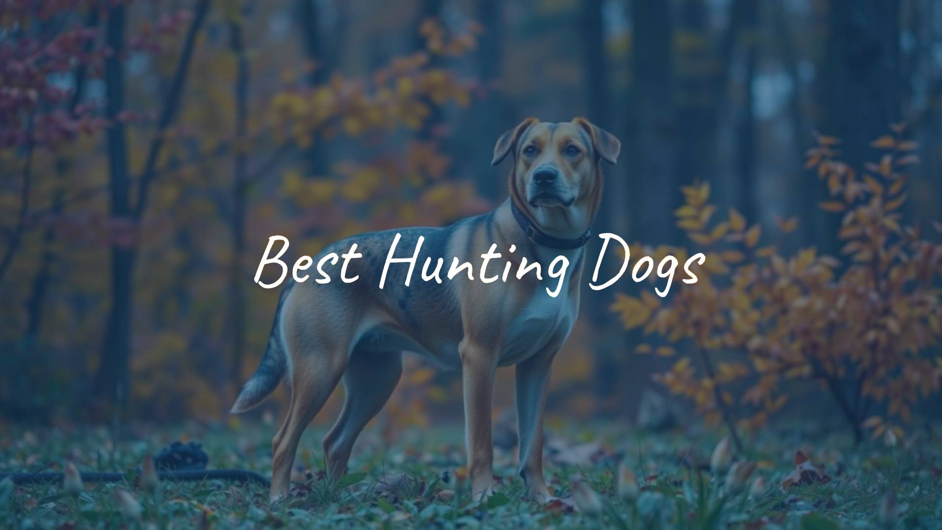 A focused hunting dog in a forest, alert stance, autumn foliage, realistic.