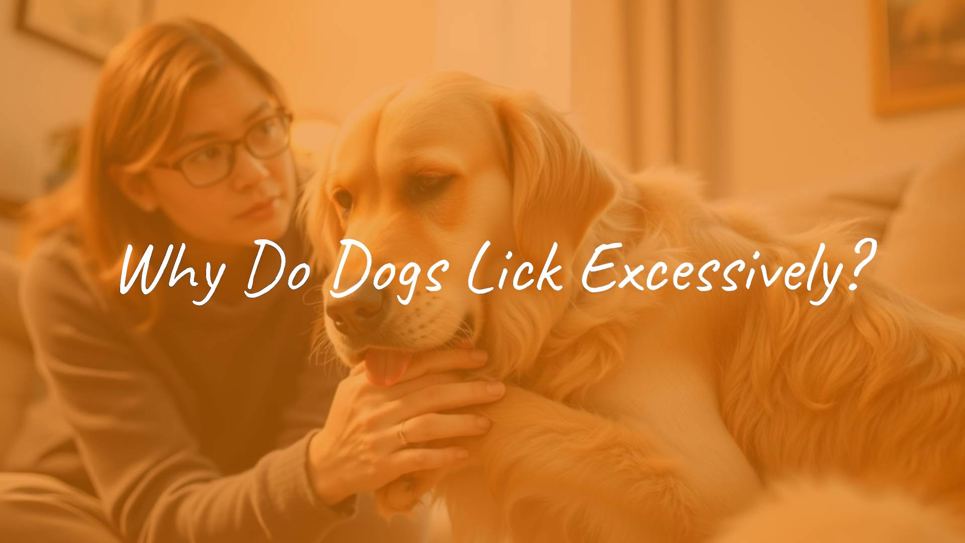 A concerned dog owner examining a golden retriever licking its paw excessively, warm indoor lighting, realistic style.