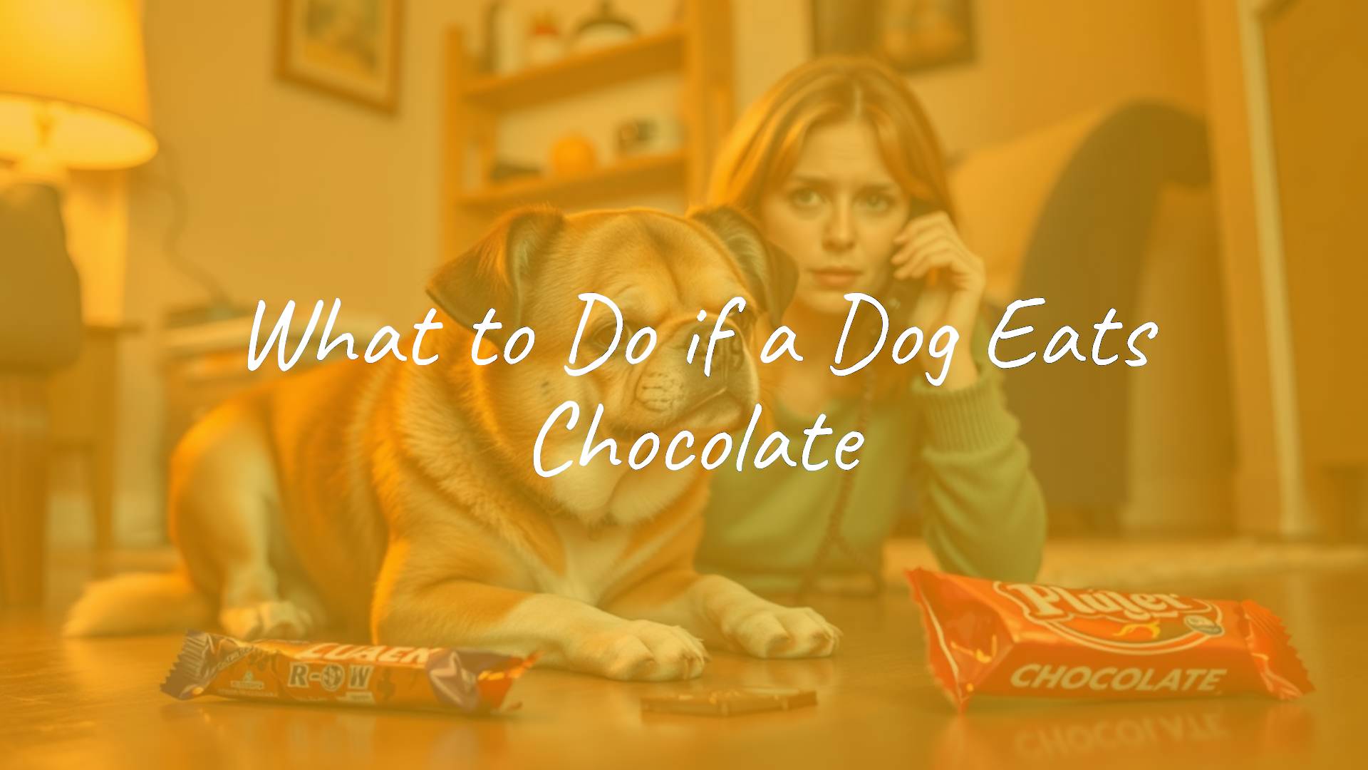 Worried dog owner calling veterinarian, chocolate bar and wrapper on floor, concerned expression, warm indoor lighting, realistic.