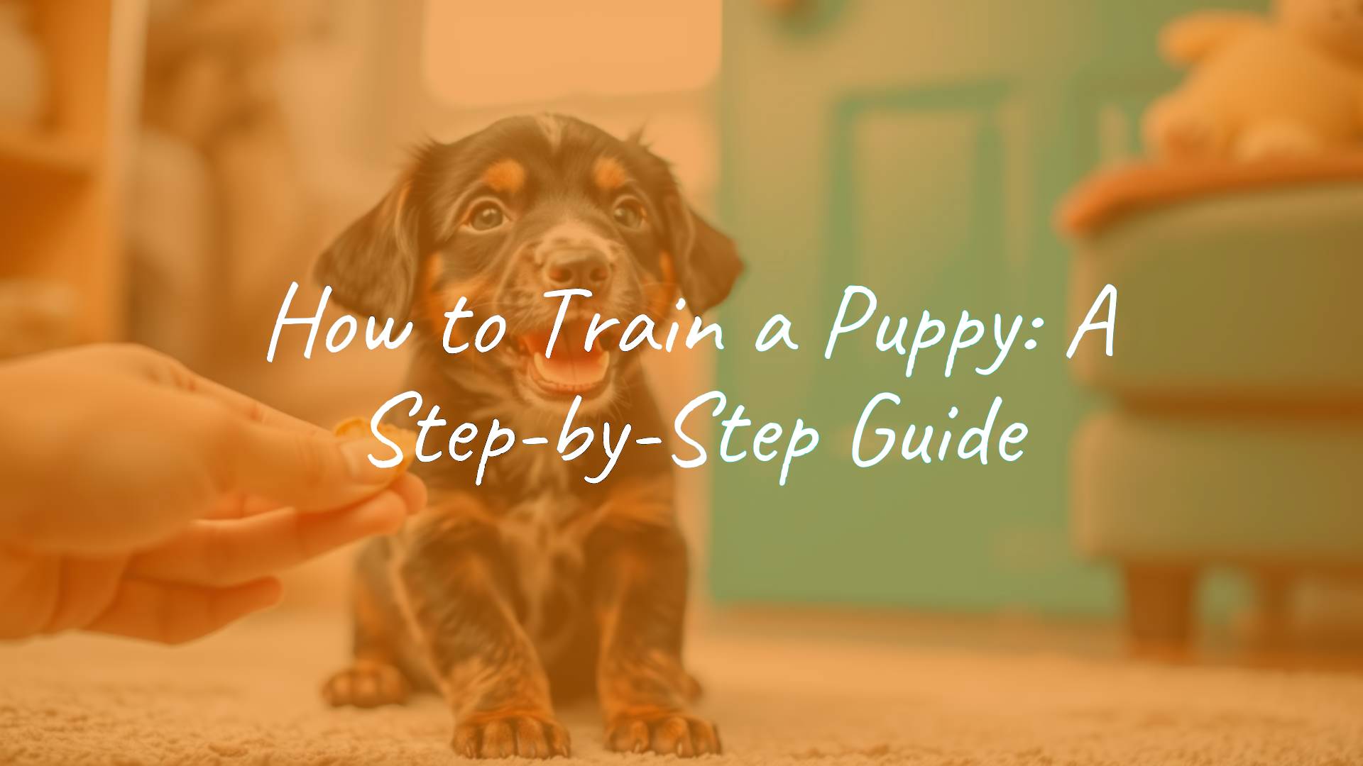 A happy puppy sitting obediently, trainer giving a treat, warm home environment, realistic.